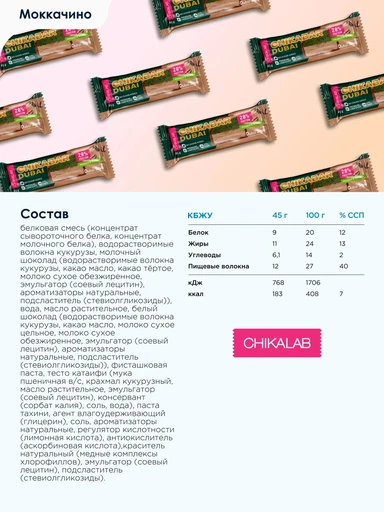 CHIKALAB Батончик глазированный Моккачино с фисташкой и хрустящим тестом 45 г Годно до 19.12.2026 