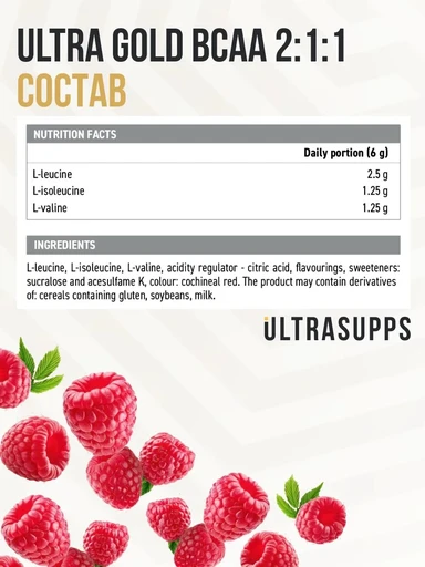ULTRASUPPS Ultra Gold BCAA 2:1:1 300 г - малина Годно до 30.09.2026 