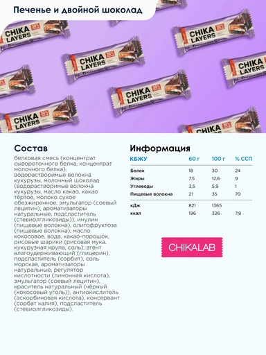 CHIKALAB Батончик глазированный Хрустящее печенье с двойным шоколадом 60 г Годно до 28.11.2026 