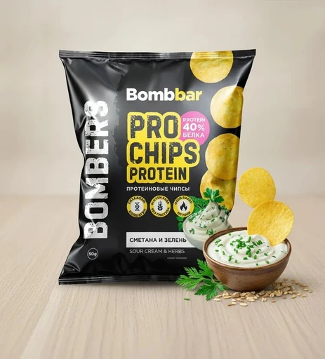 BOMBBAR Чипсы цельнозерновые протеиновые сметана и зелень 50 г