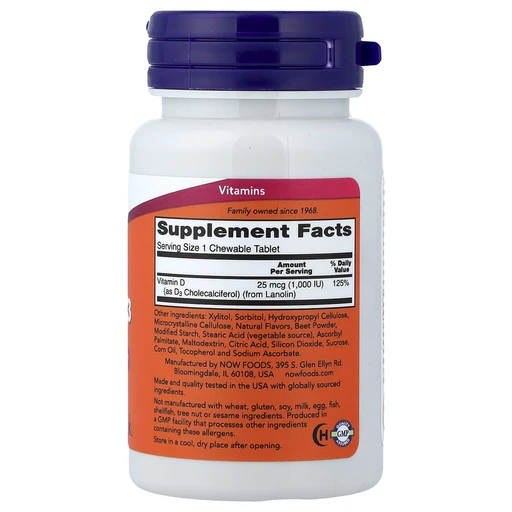 NOW Vitamin D-3 1000 IU Chewable, 180 жевательных таблеток 
